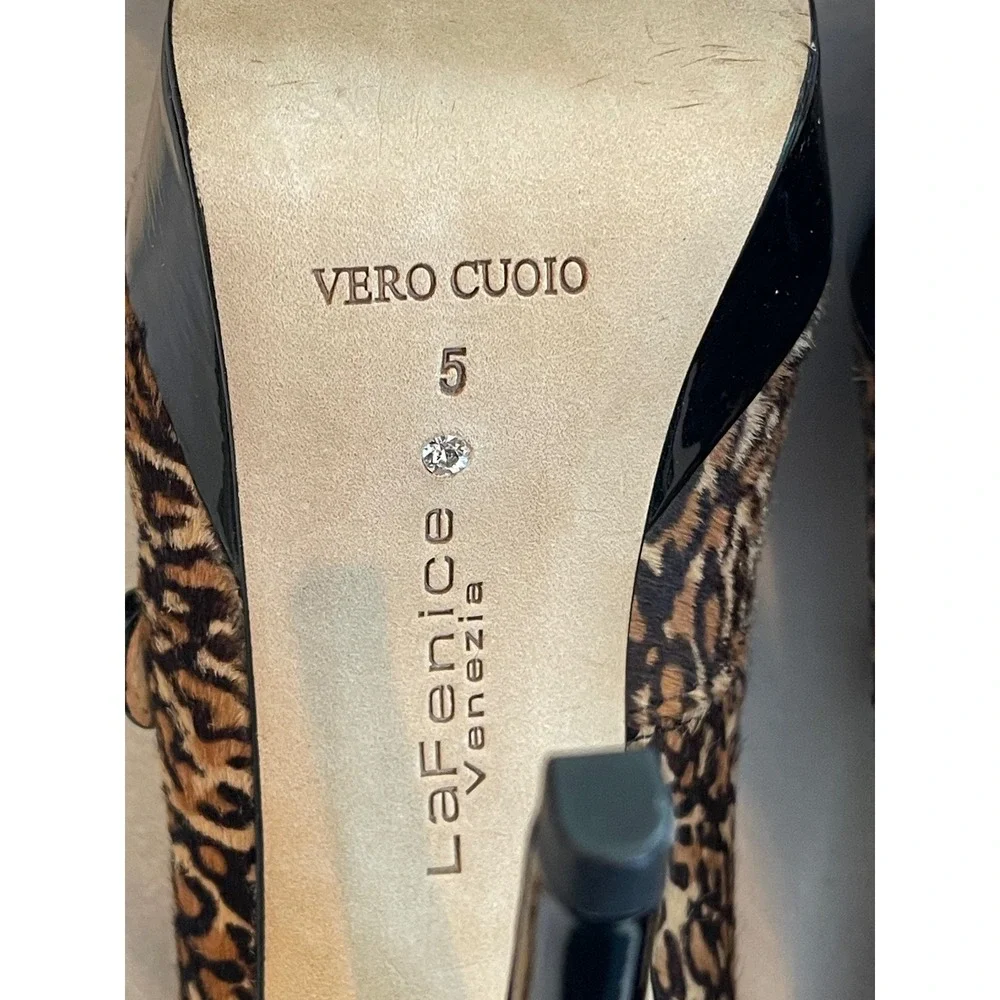 La Fenice Venezia Ginevra Leopard Calf Hair Platform Mary Jane Pumps Heels 5